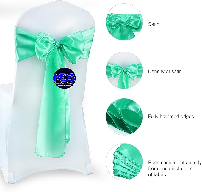 MDS Pack of 10 PCS Satin Chair Sashes Charmeuse Sateen Dining Chair Bows Ribbon Ties Back Sash for Wedding Party Birthday Home Hotel Restaurant Banquet Decoration (7 x 108 Inch, Mint)