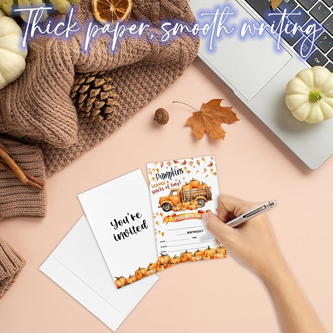 Leaves & Stacks Of Hay Birthday Party Invitation - Set Of 20 Fall Pumpkin Invite Cards With Envelopes - Autumn Birthday Invitation Cards For Boys Girls - Thanksgiving Birthday Party Supplies Decor-A06