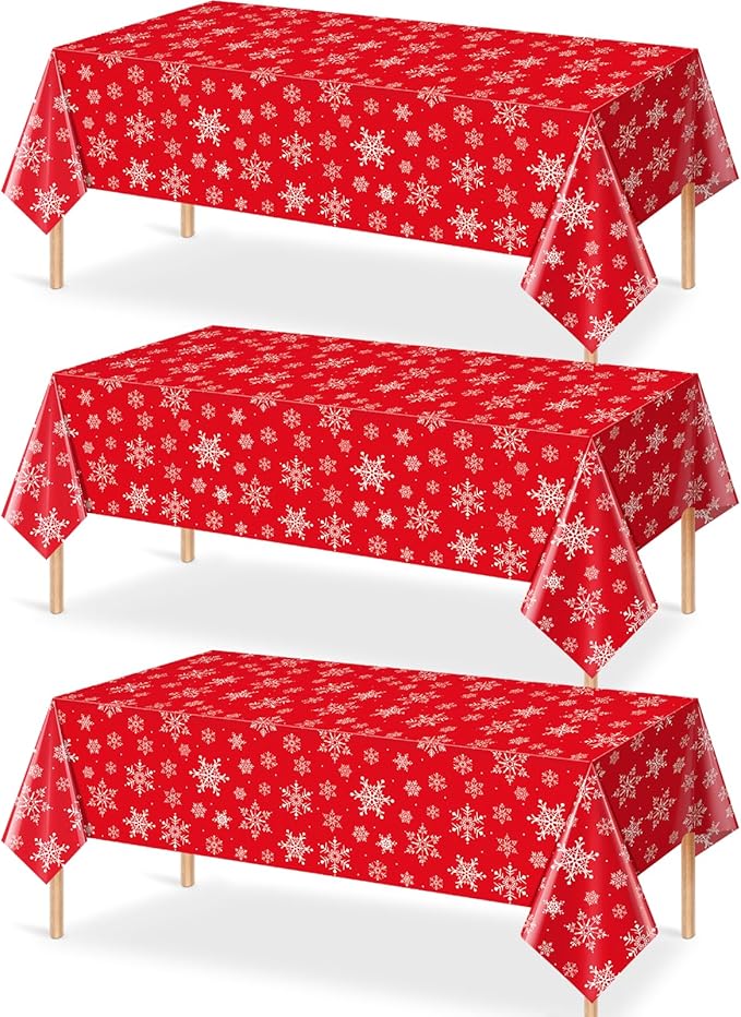 Jectivs 3 Pieces Christmas Snowflake Plastic Party Tablecloth Decorations,White Snowflake Red Xmas Backdrop Sign Table Cover Banner for Winter Christmas Holiday Party Supplies,54x108 inch (Red)