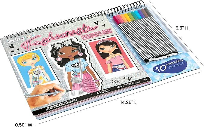 Fashion Angels Fashionista Sketch Set, Includes Sketch Pad with Stencils & Stickers, Fashion Design Sketch Book for Girls, Ideal Drawing Kit for Kids