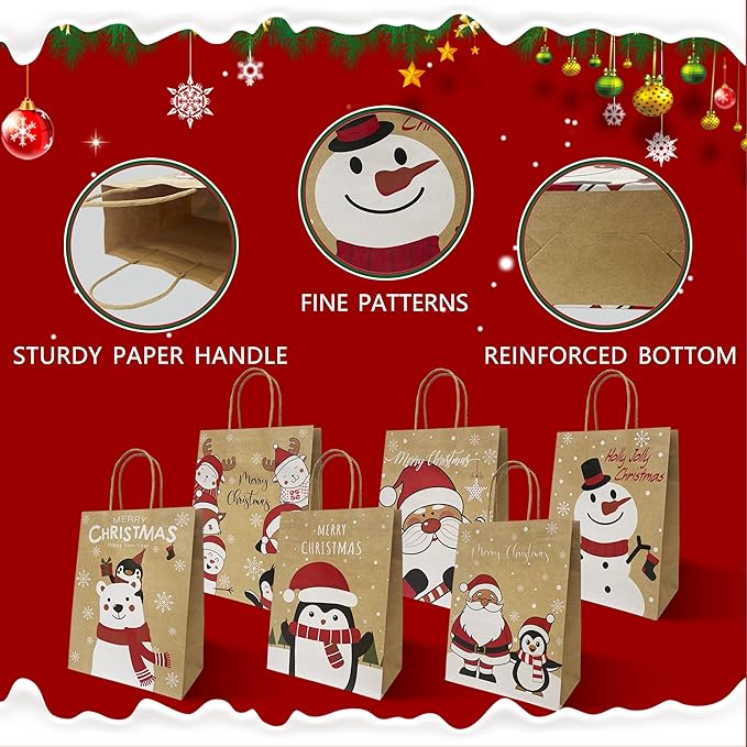 HSMOK 24PCS Christmas Gift Bags with Handles – 6 Festive Designs Medium Holiday Kraft Paper Bags for Kids, Adults, Party Favor, Treat, Goodie, Shopping, Xmas Decorations, 7.08x3.5x8.86 Inch