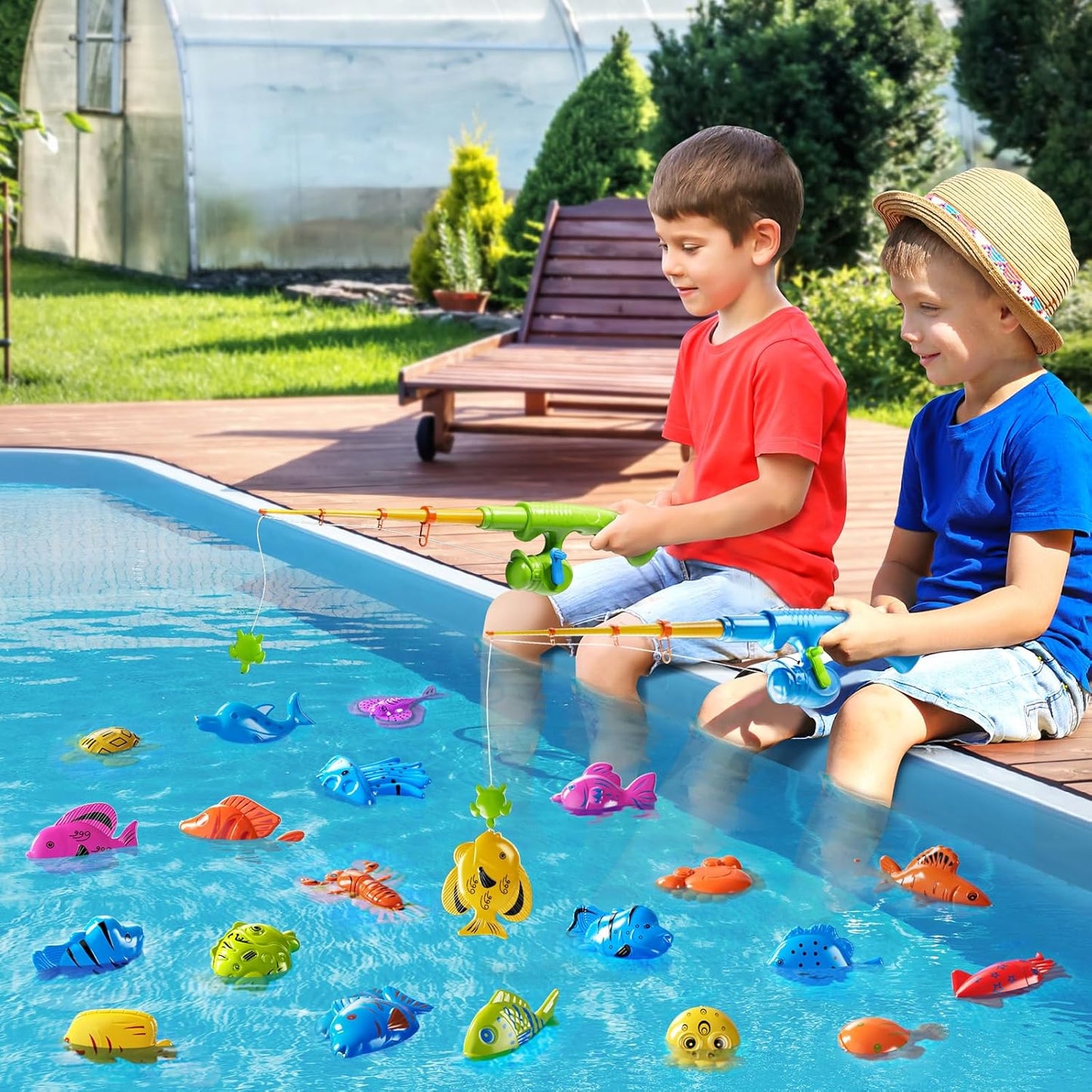 Magnetic Fishing Game Pool Toys for Kids 3-5, Water Table Bathtub Kiddie Party Toy with Pole Rod Net Plastic Floating Fish, Outdoor Toys for Boys Girls Kids Age 3 4 5 6 7 8 Year Old