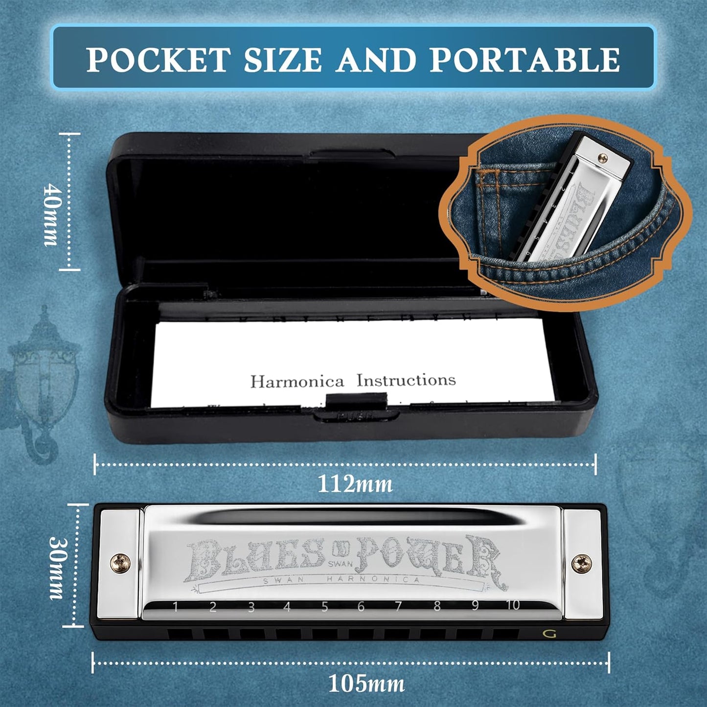 SWAN Blues Harmonica, Key of G, 10 Hole 20 Tone Diatonic Harp Mouth Organ, Stainless Steel Deluxe Harmonica for Adults, Students, Beginners, as a Gift (Silver-G)