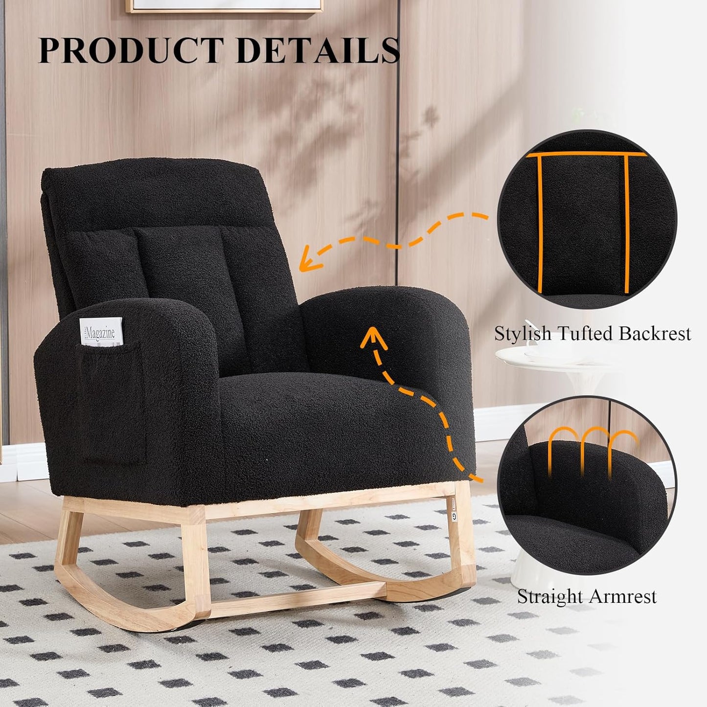 NIOIIKIT Nursery Rocking Chair, Teddy Upholstered Glider Chair with Side Pocket, Glider Rocker Chair with Tufted Back, Comfy Accent Nursing Chair for Living Room (Black Modern)