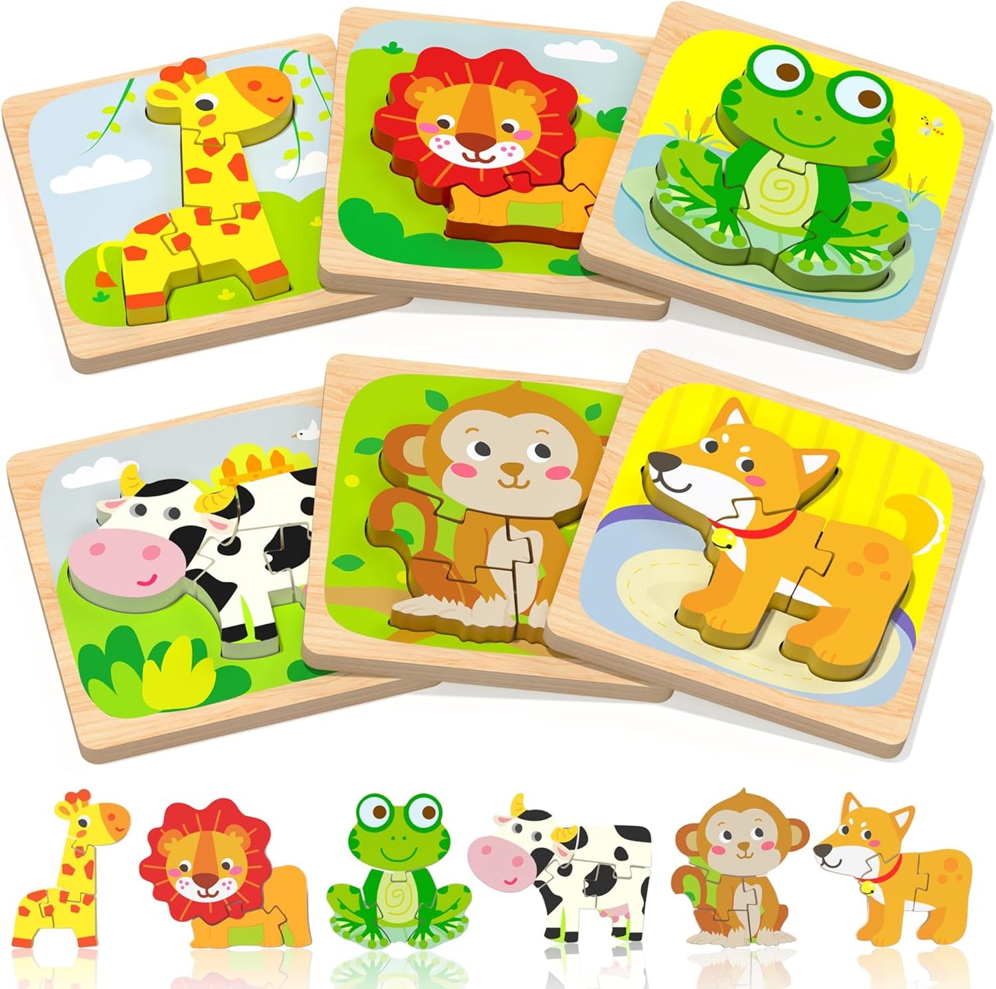 Benresive Wooden Toddler Puzzles, 6pcs Animal Montessori Toys for 1-3 Year Old Boys & Girls, Learning Educational Preschool Toys, Great Gifts for 1 2 3 Year Olds