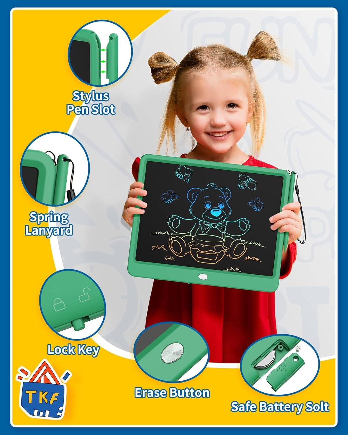 TEKFUN LCD Writing Tablet for Kids, 12inch Large Doodle Board Erasable Drawing Board, Zero Mess Coloring Travel Car Trip Toys for Toddler, Kids Birthday for Age 3-10 Boys & Girls