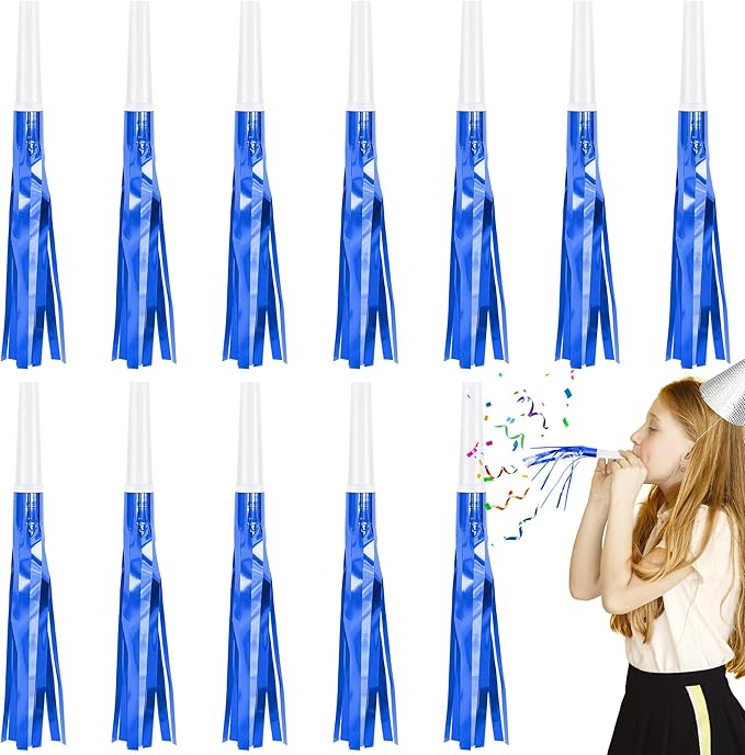 12 Pcs Glitter Noise Makers Metallic Fringed Party Blower for Adults Birthday Graduation New Years Party Favors Supplies (Blue)