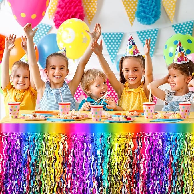4P Wavy Metallic Tinsel Foil Fringe Table Skirts for Rectangle Tables Backdrop Garland Curtains for Parade Floats Wedding Birthday Parties Decoration Graduation 2025 Christmas (Rainbow)