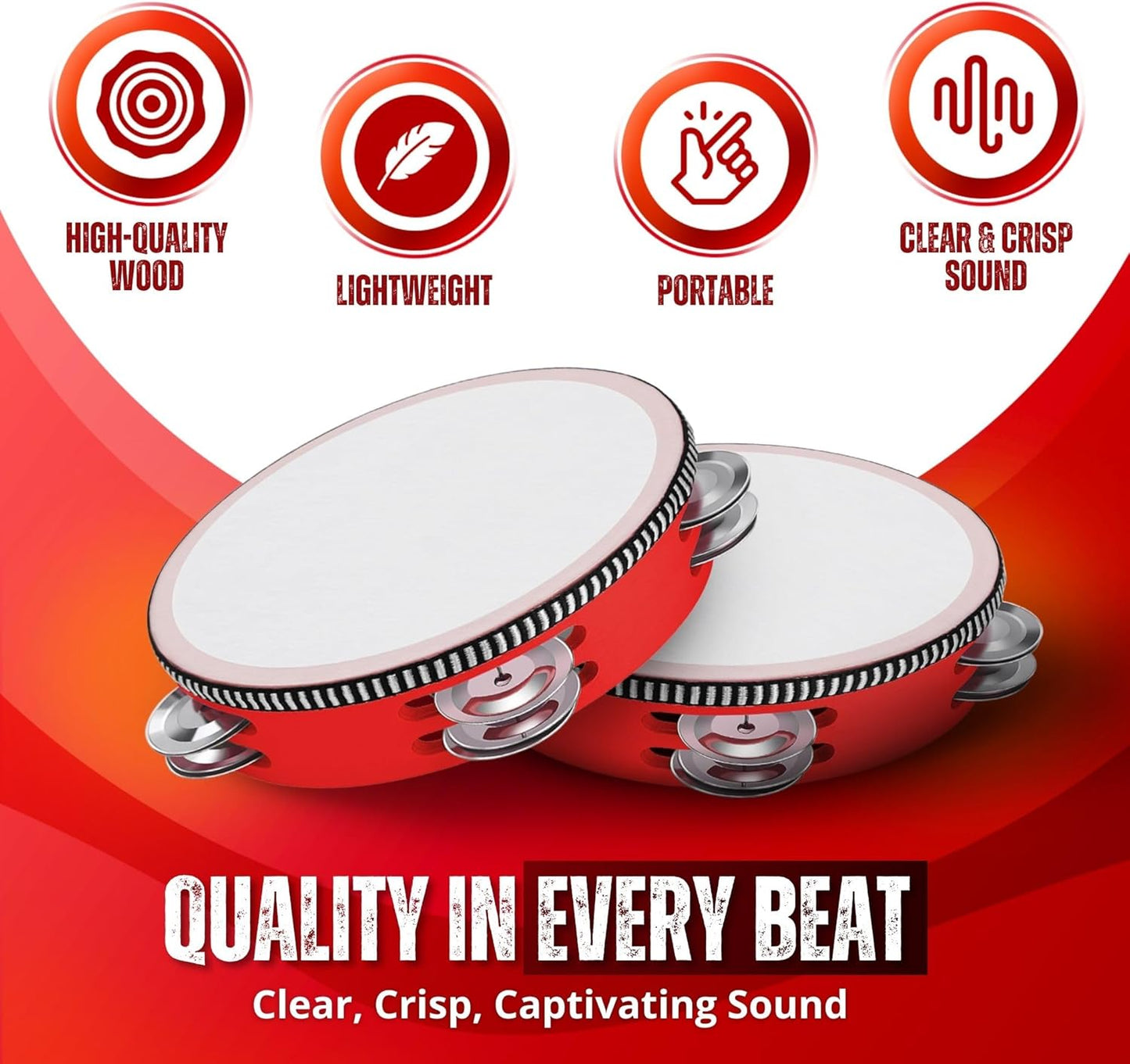 Flexzion Wood Handheld Tambourine Adults 6-Inch Double Row 8-Pair Jingles (Red) - Percussion Round Tamborines Musical Instrument with Metal Zills