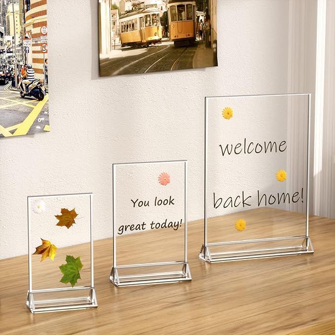 NIUBEE 6Pack 4x6 Clear Acrylic Sign Holder with Sliver Borders and Vertical Stand, Double Sided Table Menu Holders Picture Frames for Wedding Table Numbers, Restaurant Signs, Photos and Art Display