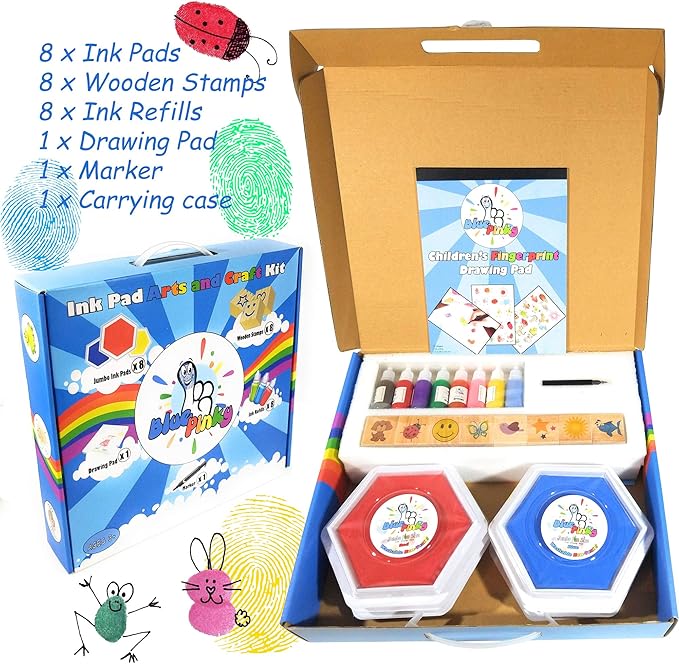 Washable Stamp Pads for Kids Arts and Crafts Jumbo Non-Toxic Ink with Wooden Stamps, Drawing Pad, Marker and Ink Refills