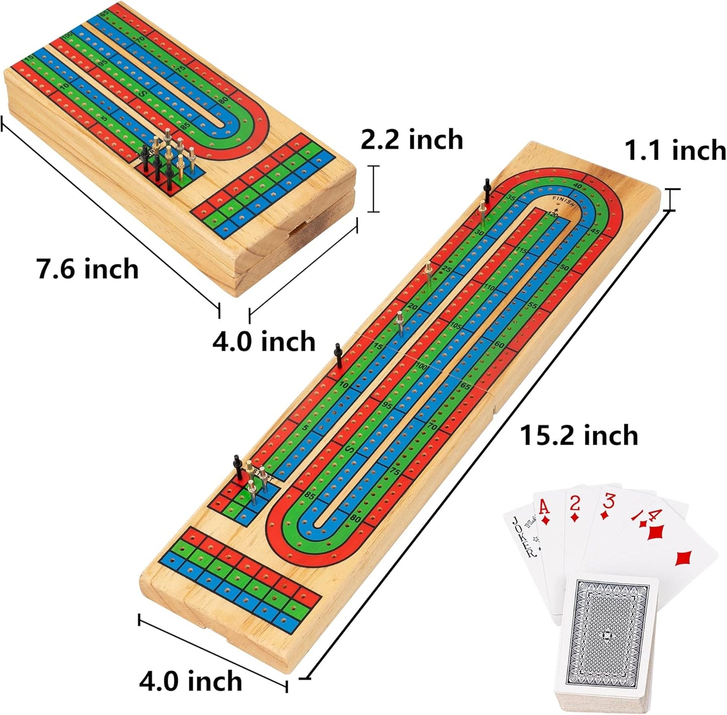 FUNPENY Traditional Wooden Cribbage Board Game Set, 3-Track Color Coded with Metal Pegs and Deck of Playing Cards