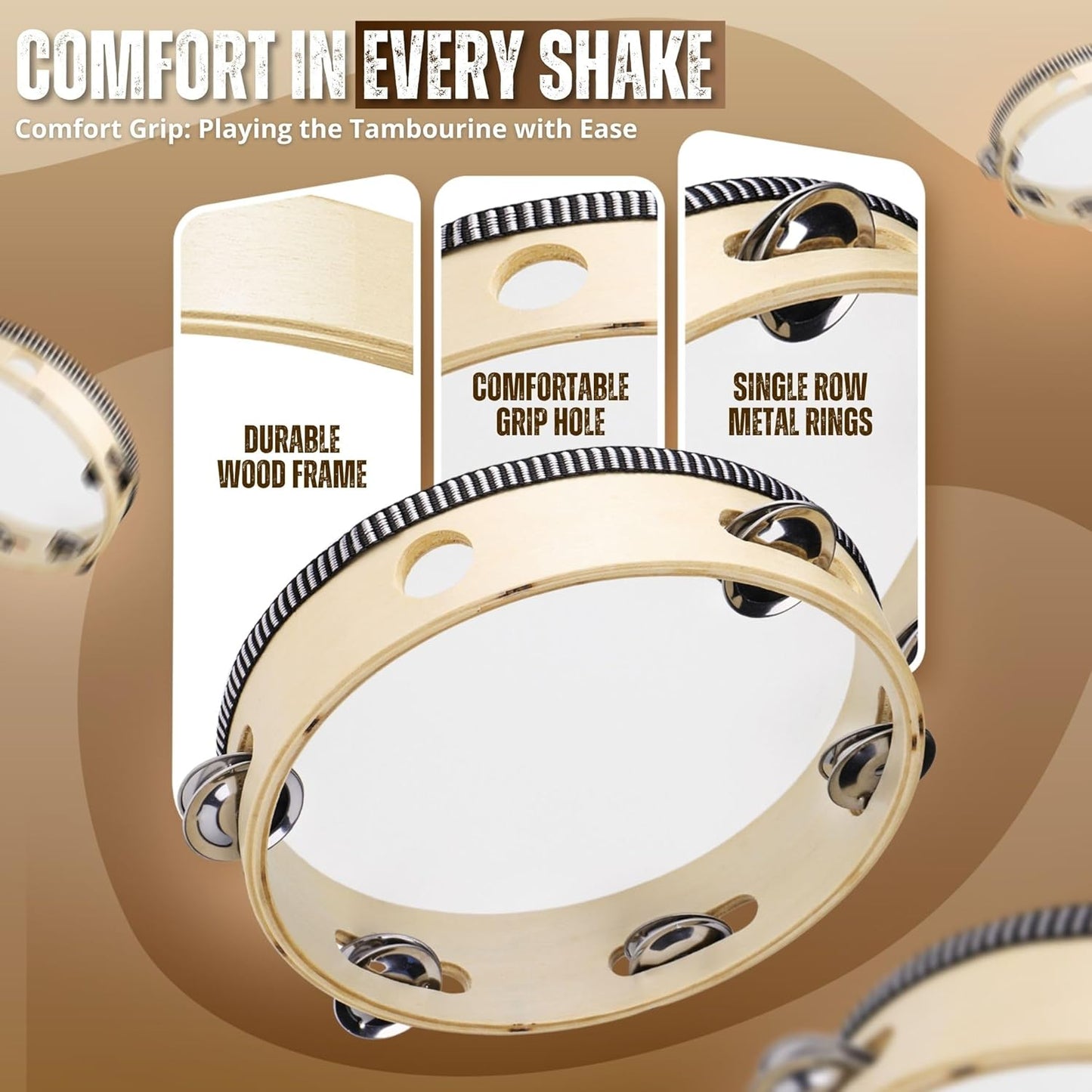 Flexzion Wood Handheld Tambourine 8" Inch Single Row 5 Pair Jingles (2 Pack, Wood) - Hand Held Percussion Drum Moon Musical Tambourine with Ergonomic Handle Grip