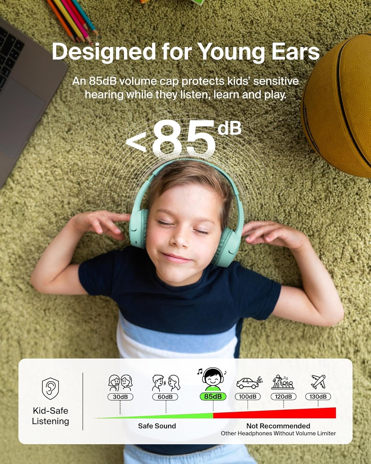 Belkin SoundForm Mini - Wireless Bluetooth Headphones for Kids with 30H Battery Life, 85dB Safe Volume Limit, Built-in Microphone - Kids On-Ear Earphones for iPhone, iPad, Fire Tablet & More - Mint