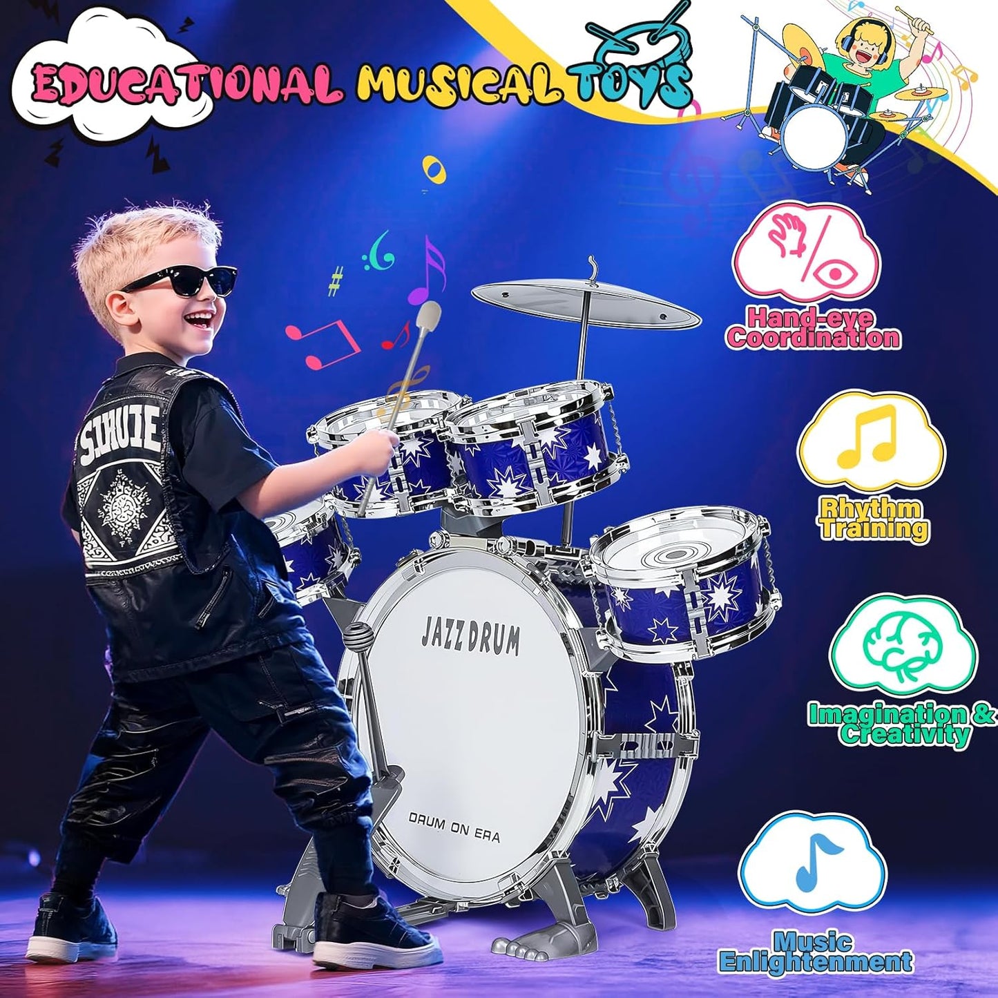 Upgraded Drum Set for Kids 3-5 Toddler Toy Ages 2-4 Jazz Drums Kit with Stool Musical Instrument Toys for 3 4 5 Year Old Girls Boys Gifts