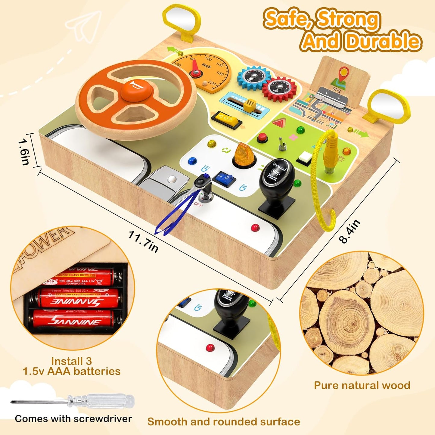 Montessori Toddler Toys - Baby Wooden Busy Board - Sensory Toys with Light Switch - Travel Toys for Educational Toddler Activities for Toddlers 1 2 3 4+ Year Old