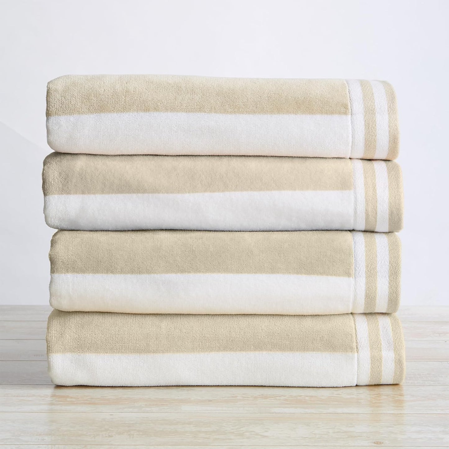 Great Bay Home 100% Cotton Velour 4 Pack Beach Towels 30" x 60" - Taupe Cabana Stripe Pool Towels - Quick Dry, Large Swim Towels