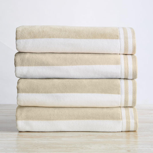Great Bay Home 100% Cotton Velour 4 Pack Beach Towels 30" x 60" - Taupe Cabana Stripe Pool Towels - Quick Dry, Large Swim Towels