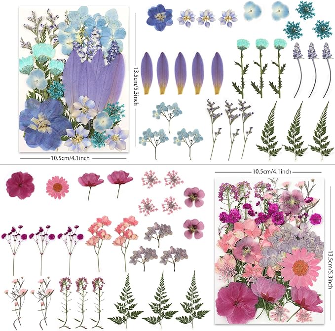 110P 4 Color Long Stem Dried Flowers for Crafts, Real Natural Pressed Flowers in Mixed Tones for Resin Art, DIY Crafts, Jewelry & Candle Decor – Tweezers Included