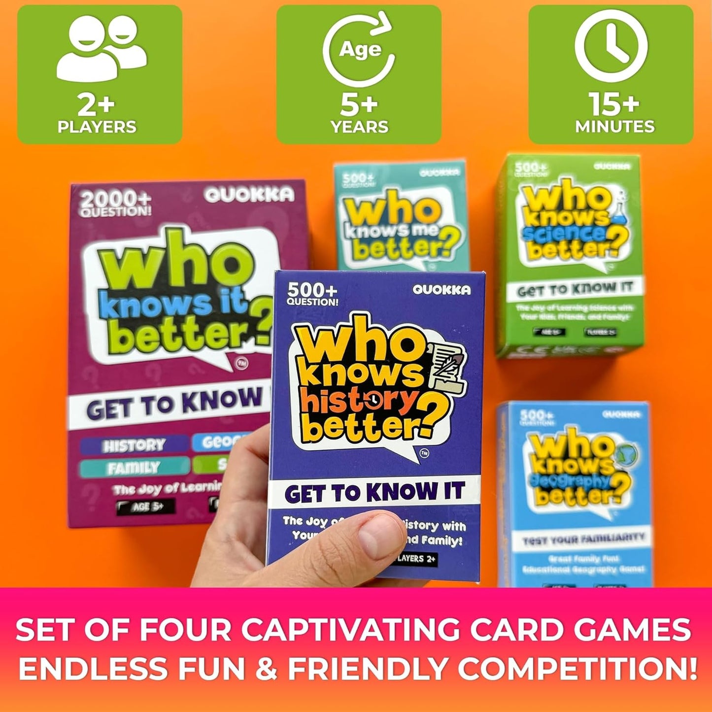 QUOKKA Who Knows Better? - Set 4 in 1 - Family Card Trivia Game | Fun Learning & Educational Questions for Families | Suitable for Boys & Girls