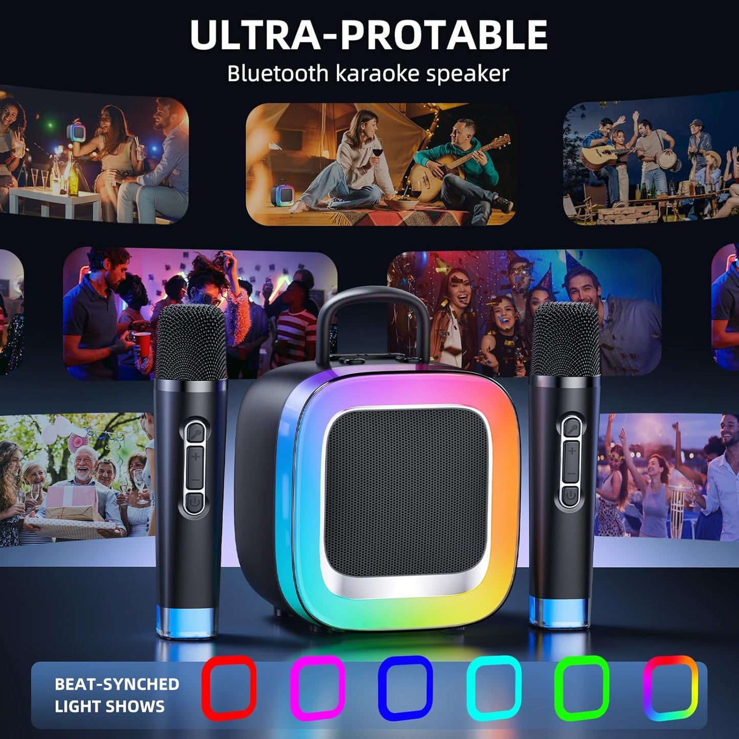 Kinglucky 2025 Upgrade Karaoke Machine, Portable Bluetooth Speaker with 2 Wireless Microphones for Adults & Kids with Lights, Karaoke for All Smartphones, Birthday, Family, Home Party or Gifts (Black)