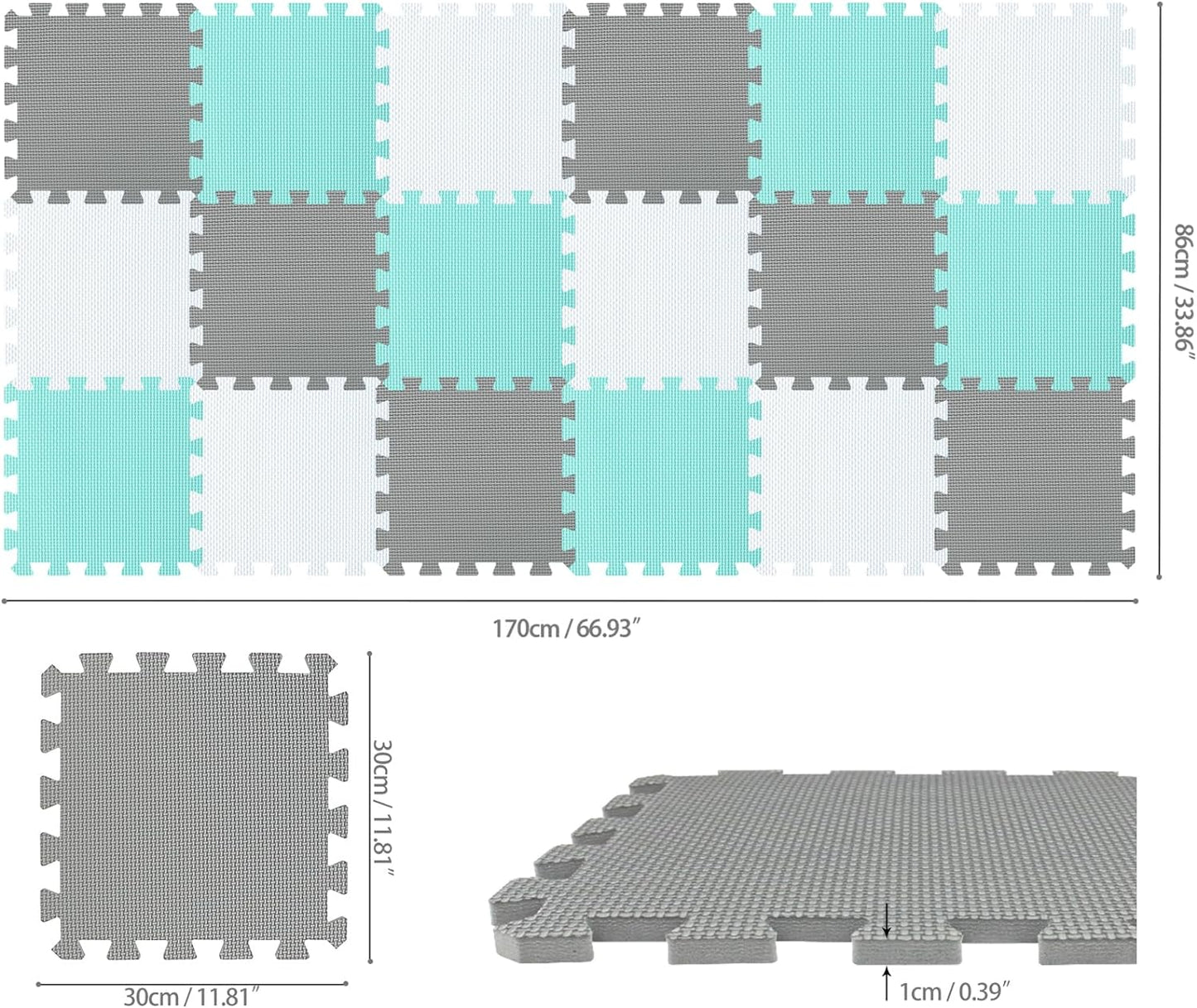 qqpp EVA Rubber 18 Tiles Interlocking Puzzle Foam Floor Mats - Baby Play Mat for Playing | Exercise Mat for Home Workout. White, Green, Gray. QC-AHLb18N