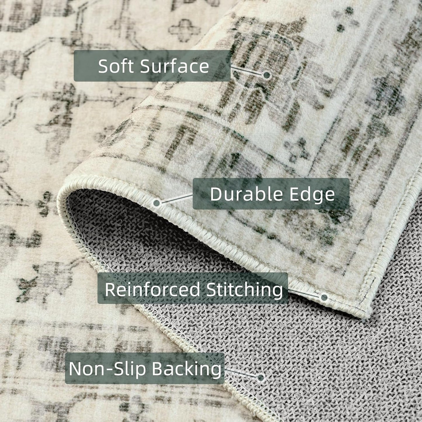 Area Rug 4x6 for Living Room - Vintage Machine Washable Soft Indoor Boho Rug for Bedroom Decor, Non-Slip Backing Farmhouse Cream/Grey