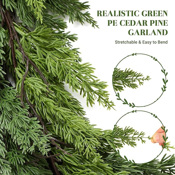 12FT Artificial Christmas Garland, Real Touch Greenery Cypress Pine Garland for Mantle Table Railing Fireplace Indoor & Outdoor Christmas Decoration