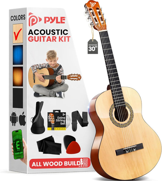 Pyle Beginner Acoustic Guitar Kit, 1/4 Junior Size All Wood Instrument for Kids, Adults, 30" Natural Ash