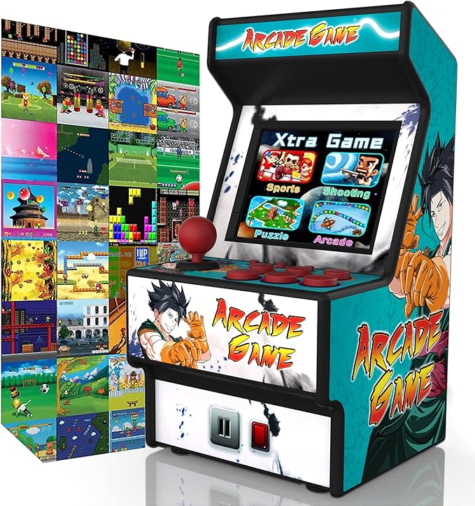 Mini Arcade Machine, Retro Gaming Console, Handheld Game Console with 156 Classic 16-Bit Video Games, 2.8 Inch Color Display, Rechargeable Battery, Support for TV Output, Birthday Present for Children