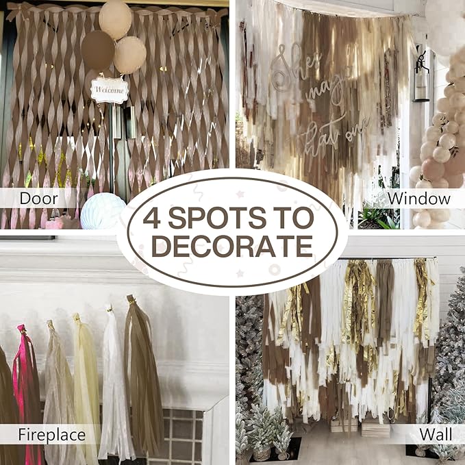 PartyWoo Brown Crepe Paper Streamers 4pcs 328ft Pack of Boho Neutral Crepe Paper Streamers for Birthday Baby Shower Wedding Graduation Anniversary Retirement Woodland Jungle Theme Party Decorations