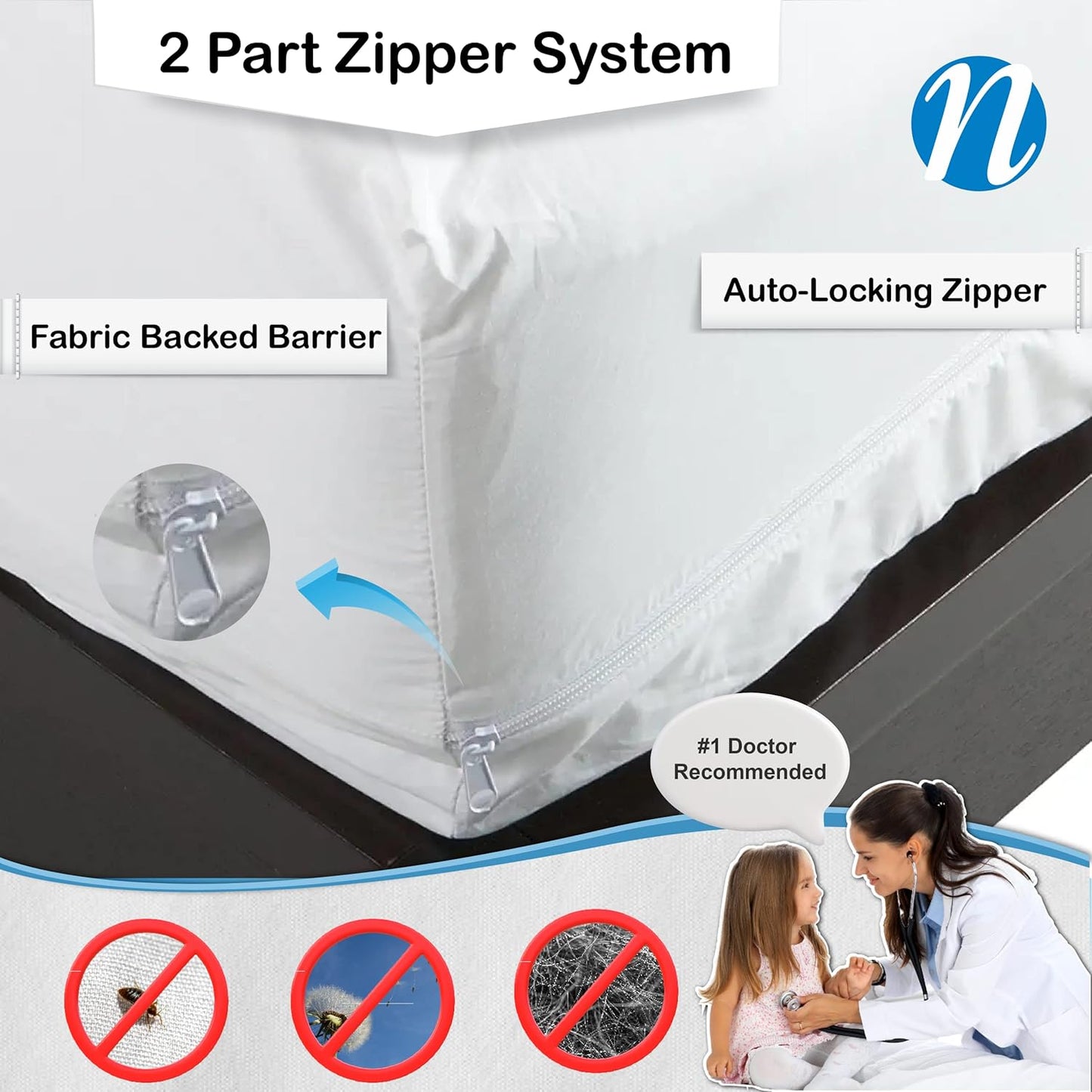National Allergy Superior 100% Cotton Queen Mattress Protector Zippered - 60" x 80" x 9" - Hypoallergenic Bed Encasement - Breathable Dust Proof Cover - AAFA & Oeko-TEX Standard 100 Certified