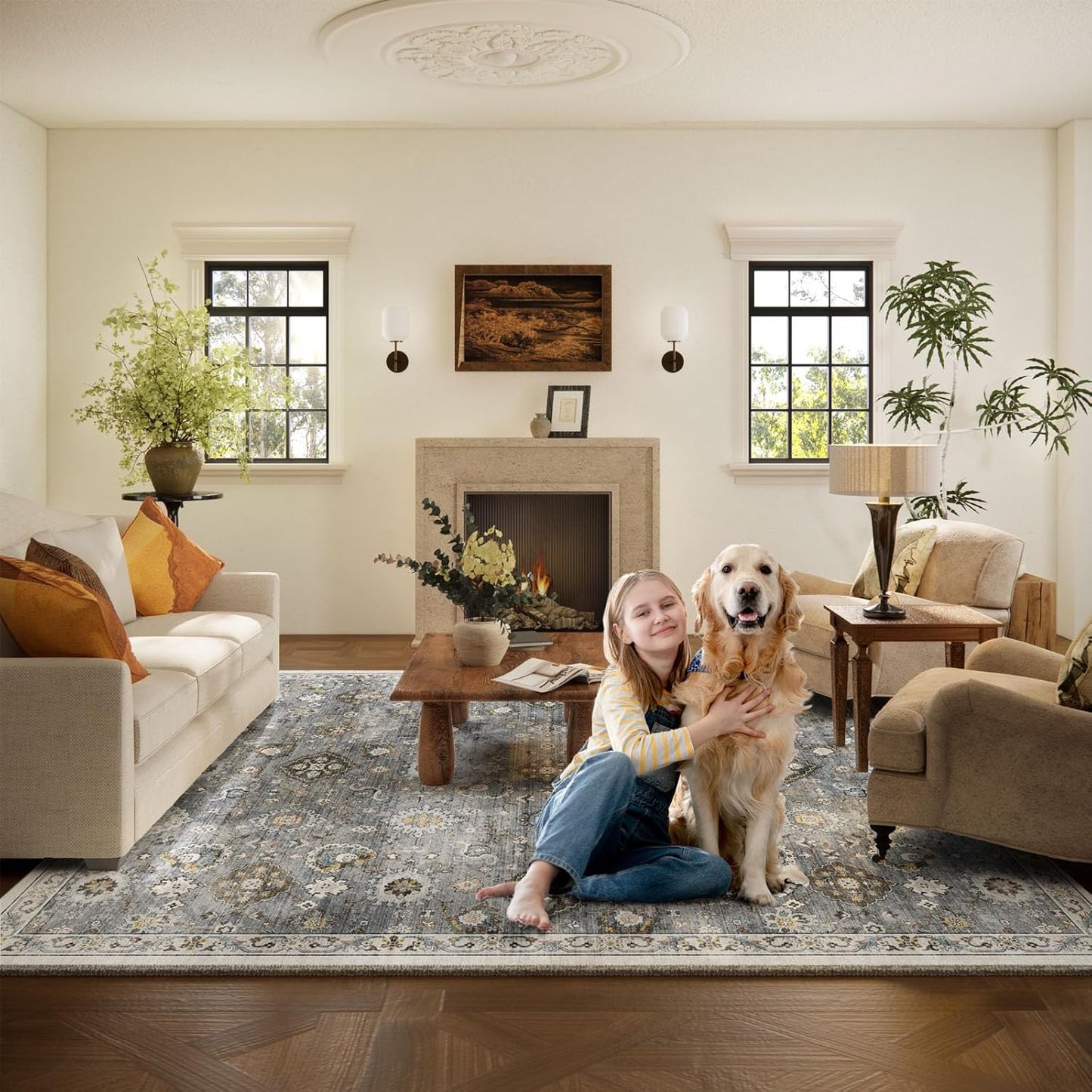 Machine Washable Rug for Living room: 5x7 Area Rugs Boho Vintage Rugs Stain Resistant Non Slip Low Pile Lightweight Soft Carpets for Bedroom Kitchen Dining Room Nursery Kids Room Farmhouse Home Office