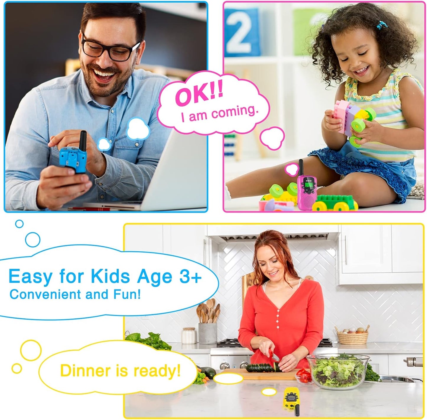 Walkie Talkies for Kids 3 Miles Long Range, 22 Channels Walkie Talkie with Clear Sound & Automatic Squelch, Kids Walkie Talkies, Outdoor Camping Toys for Boys and Girls (Blue Pink Yellow)