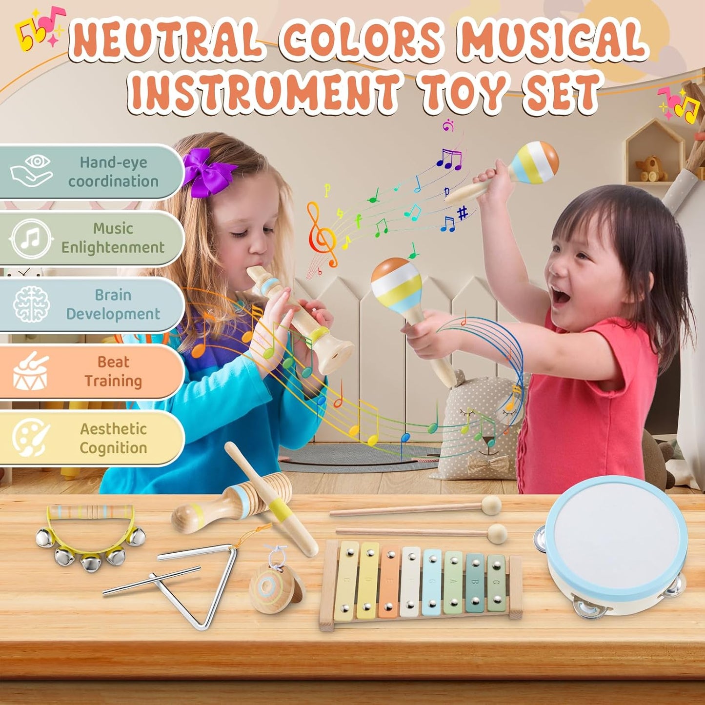 Baby Musical Instruments Set Montessori Wooden Music Toys for Toddlers 1 2 3 Neutral Color Percussion Music Kit with Drum, Xylophone,Storage Bag, Birthday Preschool Learning Gift for Boys Girls
