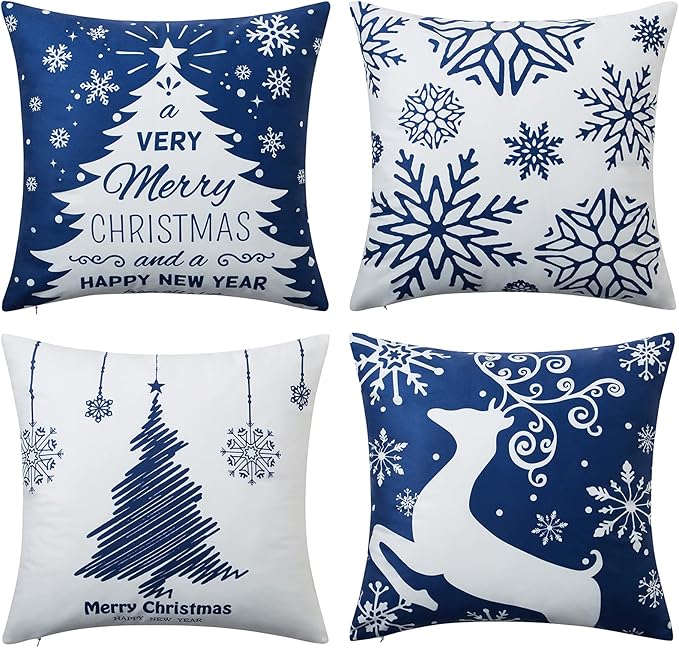 Christmas Pillow Covers 20X20 Set of 4 Navy Blue white Christmas Decorations Merry Christmas Snowflake Throw Pillow Covers Deer Xmas Tree Decor