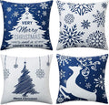 NANAN Christmas Pillow Covers 18X18 Inch Set of 4 Navy Blue Christmas Pillow Cases Snowflake Merry Christmas Holiday Pillowcases Xmas Trees Elk Deer Decorative