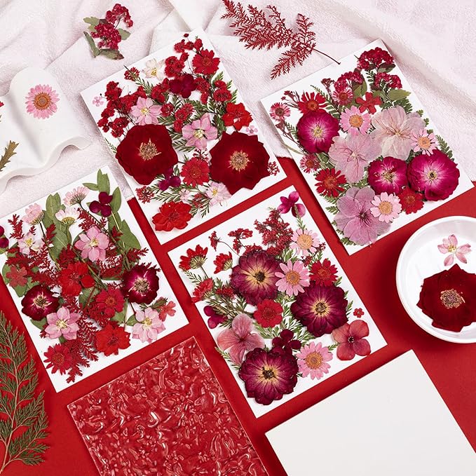 101 PCS Red Dried Pressed Flowers for Christmas Crafts Resin, Red Real Nature Flowers Bulk for DIY Holiday Cake Card Scrapbook Supplies, Large Dried Flowers for Soap Candle Making