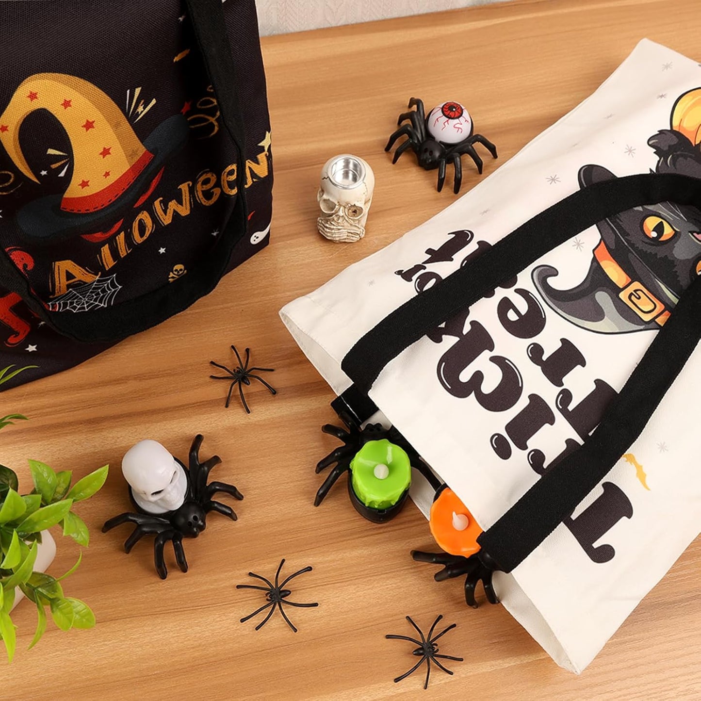 TYL&TYS Halloween Treat Bags, 3Pcs Trick or Treating Bags, Halloween Candy Canvas Tote Gift Bags (Trick or Treat, Cat, Pumpkin), Reusable Grocery Boo Basket Bag for Kids