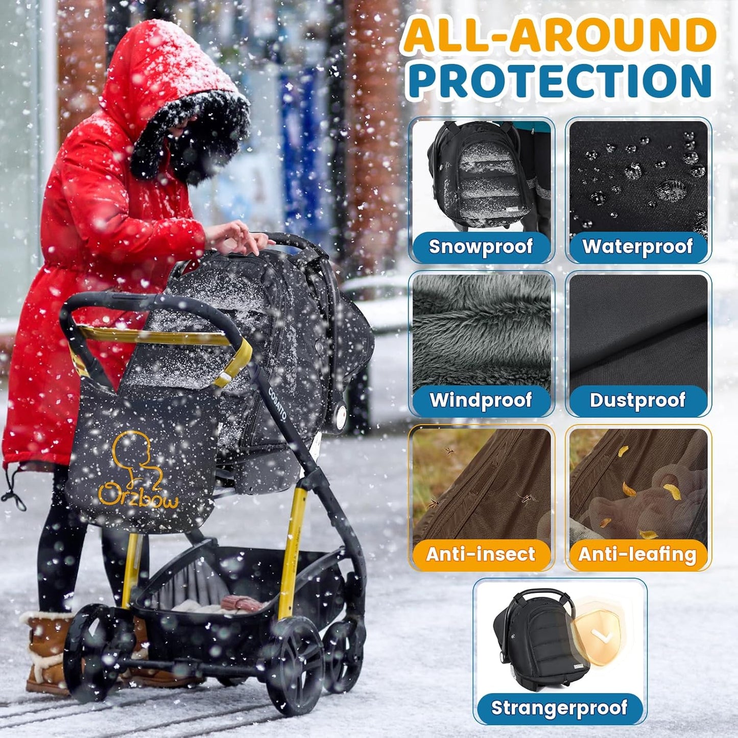 Orzbow Winter Car Seat Cover for Babies, Waterproof Carseat Canopy Cover with Peep Window of Breathable Mesh, Warm and Cozy Baby Car Seat & Carrier Covers for Cold Weather, Machine Washable, Black