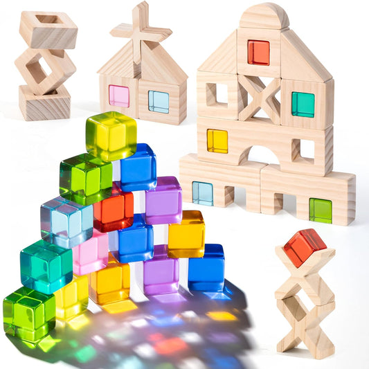 Wooden Rainbow Building Blocks Set for Kids, 22 PCS Wooden Blocks & 25 PCS Gem Cubes Stacking Blocks, Montessori Stacking Toys for Toddlers, Educational STEM Easter Toys for Boys Girls 3-6