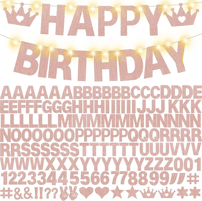 167Pcs DIY Glitter Customizable Banner Kit Custom Banner Happy Birthday Letters Happy New Year Personalized Banners Decor for Christmas Baby Shower Birthday Party Decoratation (Glitter Rose Gold)