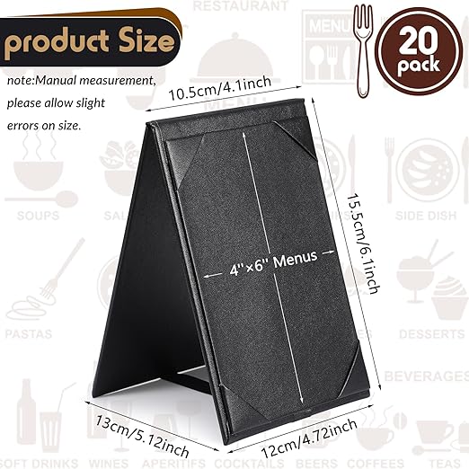 Gerrii Leatherette Table Tents Black PU Leather Menu Covers Bulk Double Sided Frame Sign Holders 2 Side Drink Dessert Menu Folders for Restaurant Coffee Cafe Bar Wedding Supplies(20 Pack,4 x 6 Inch)