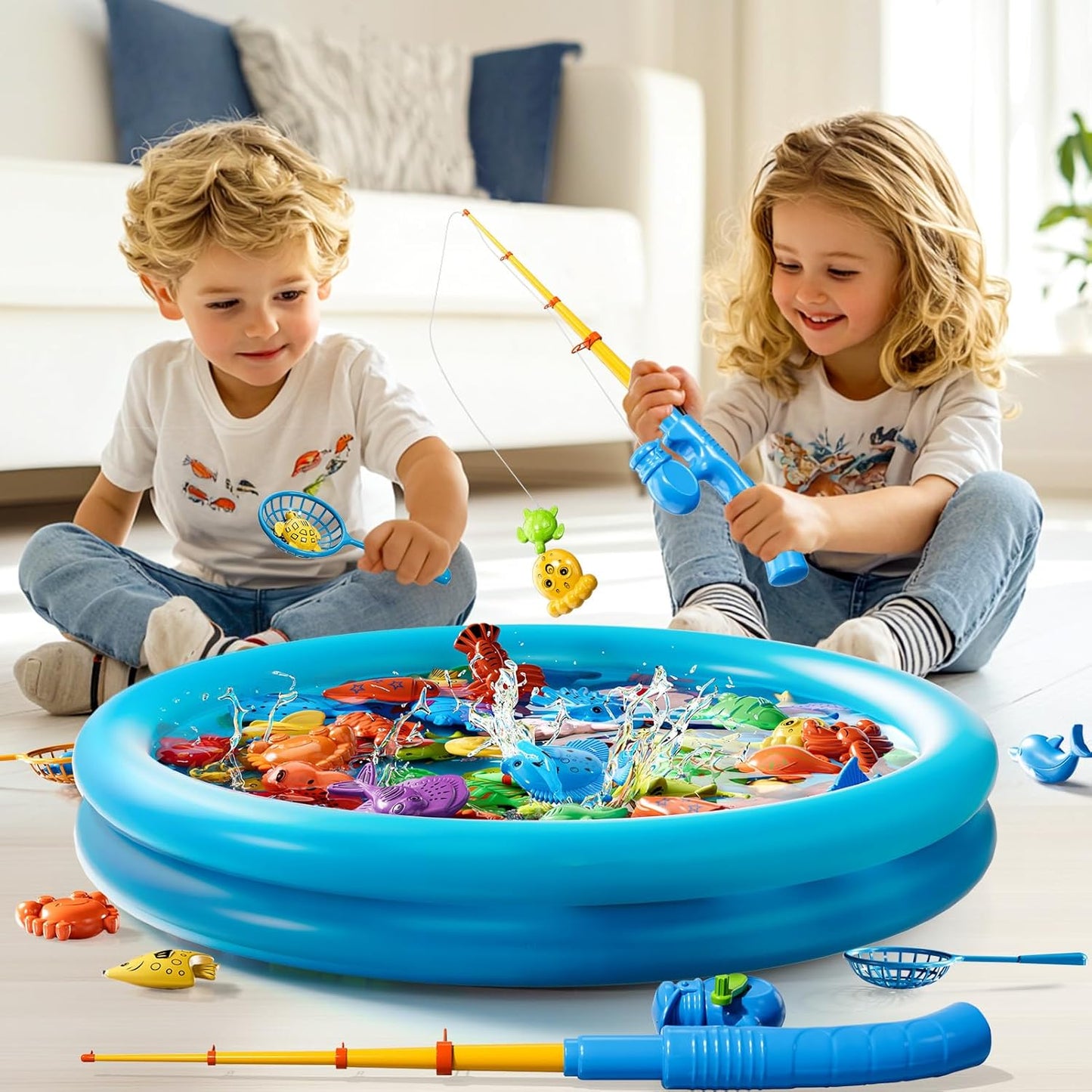 Magnetic Fishing Pool Toys Game for Kids Toddlers 3-5 4-8, Fishing Water Table Bathtub Toy with Inflatable Pool Pole Rod Net Plastic Floating Fish, Water Bath Pool Outdoor Toys for Kids Toddlers Baby