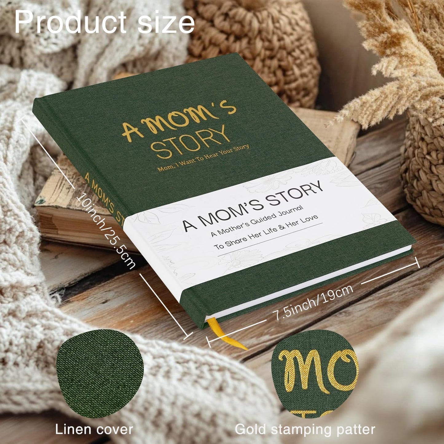 Artmag Mom's Life Story Journal Family Keepsake Book Linen Hardcover for Mom to Share Her Memories, with 250+ Prompt Questions Book Gift for Birthday Mother's Day Christmas (Dark Green)