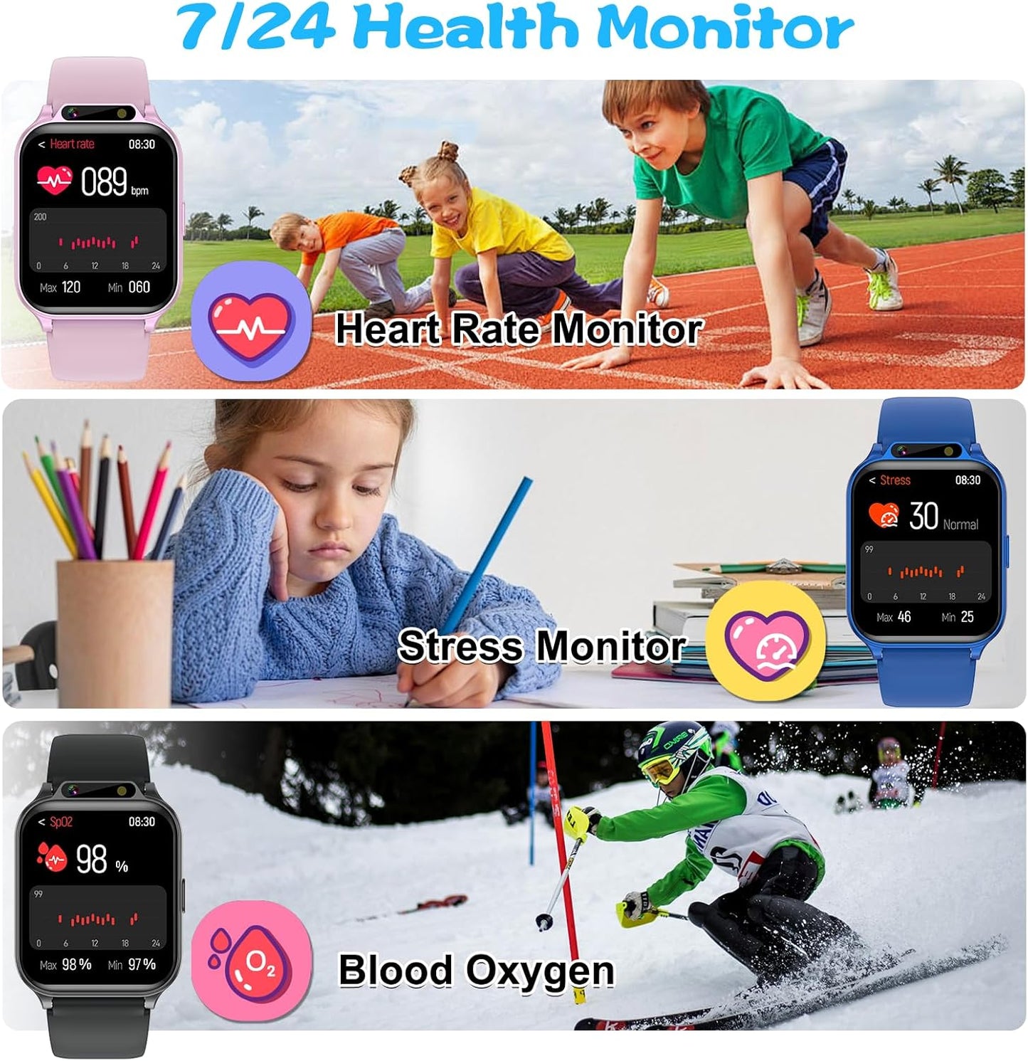 Smart Watch for Kids, 1.85" Fitness Tracker with Heart Rate, Sleep Monitor, IP68 Waterproof Smartwatches with Video Music, Pedometer, Game, NO APP/Phone, Gift for Boys Girls. (Classic, Blue)