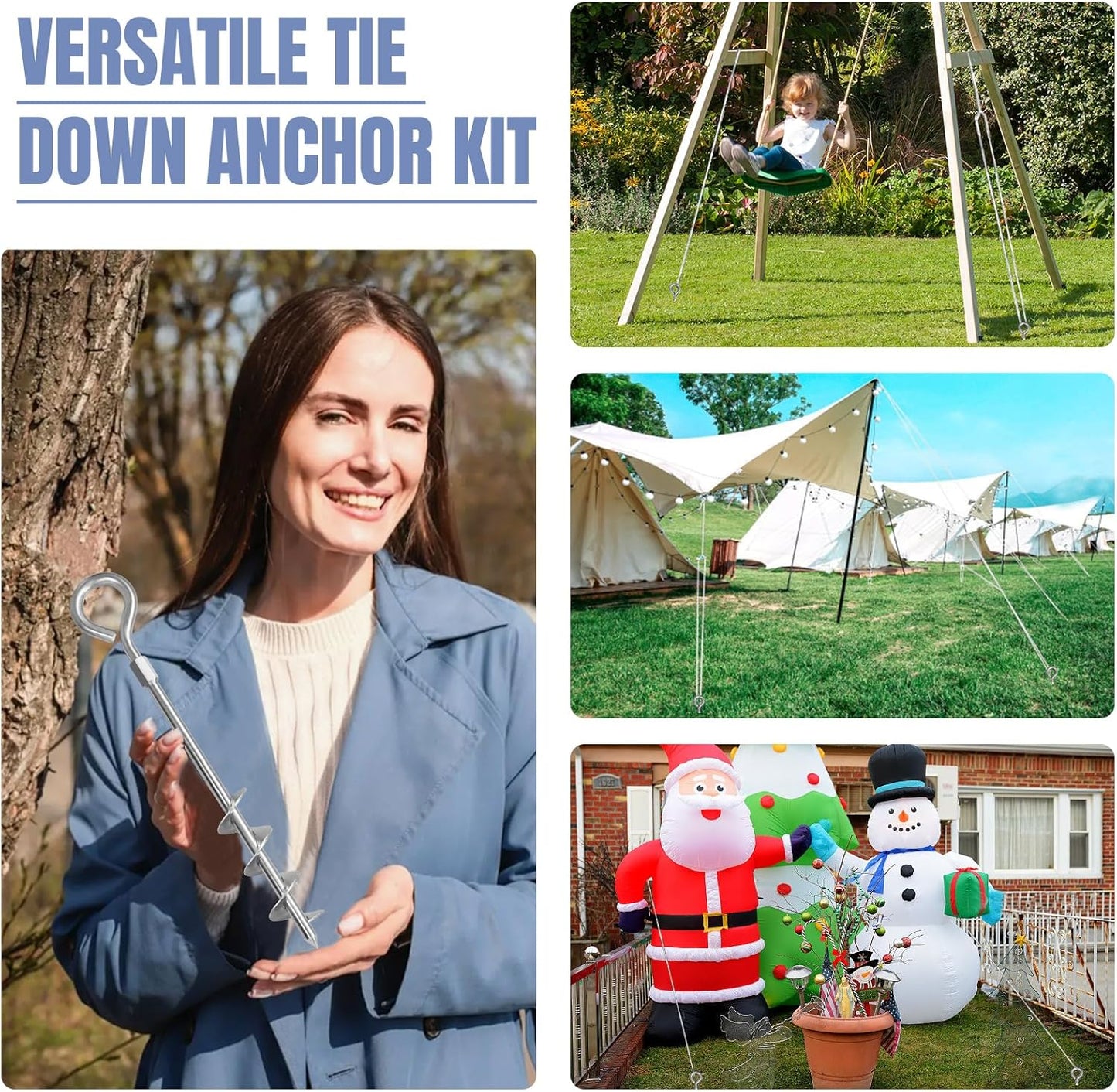 Eurmax USA Trampoline Stakes Screw in Tent Stakes Parts Heavy Duty for Canopies,4-Pack Outdoor Anchor Kit with Straps(Silver)