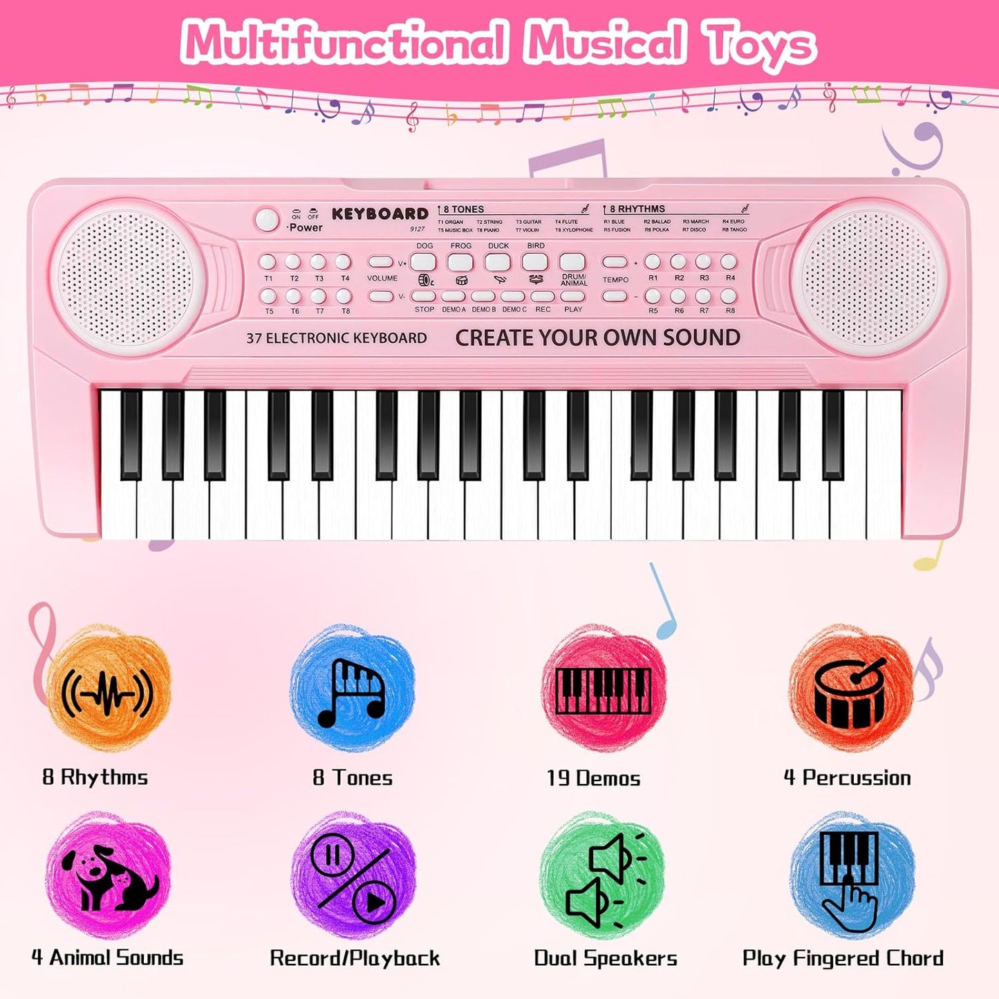 Kids Toddler Toy Piano Keyboard, 37 Key Pink Pianos for Kid Music Toys Instruments with Microphone for 3 4 5 6 7 8 Year Old Girl Boy Birthday/Christmas Day Gift