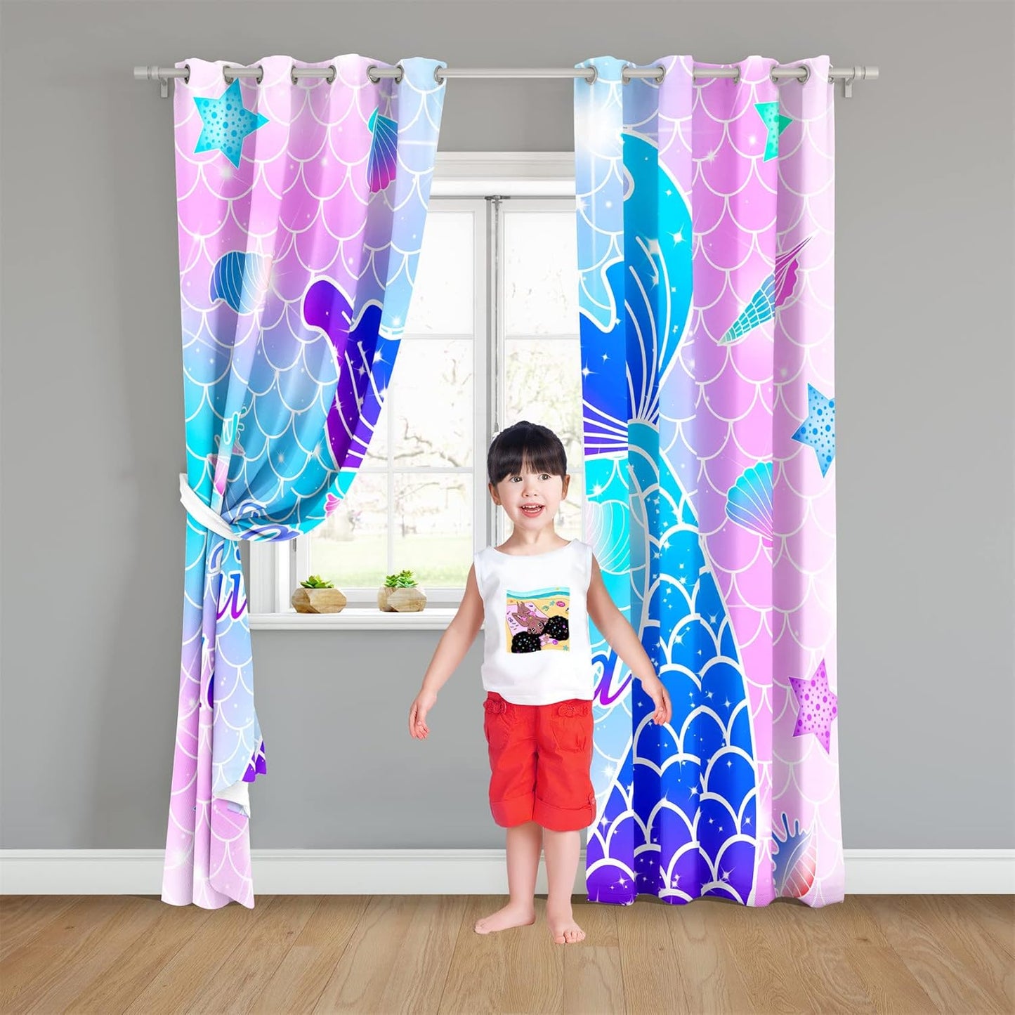 Mermaid Curtain Panels for Girls Room 2Pcs, Pink Cartoon Blackout Curtains 84 inch Length for Girls Bedroom Nursery Room Grommet Top Thermal Insulated Curtains, Dinosaur Print, 82" x 84"