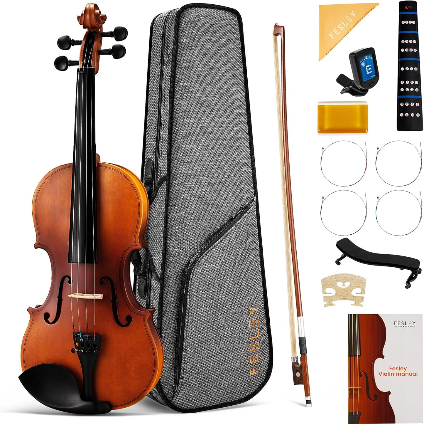 Fesley Violin Fiddle Beginner Set: 3/4 Matt Violin Kit for Student, Acoustic Violin with Hard Case, Solidwood Hand Made Starter Kit with Bow, Rosin, Shoulder Rest, Tuner, Extra Strings
